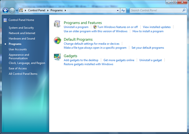 Windows 7 Control Panel, Programs and Feature section