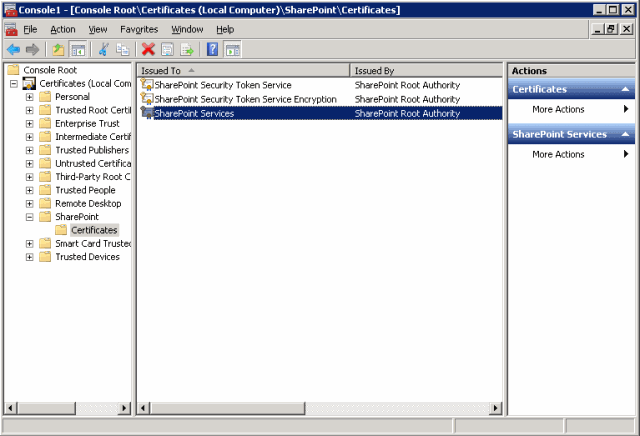 Certificate console showing SharePoint store
