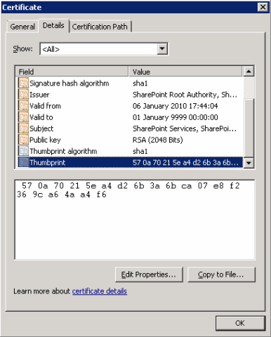 Certificate properties showing Thumbprint